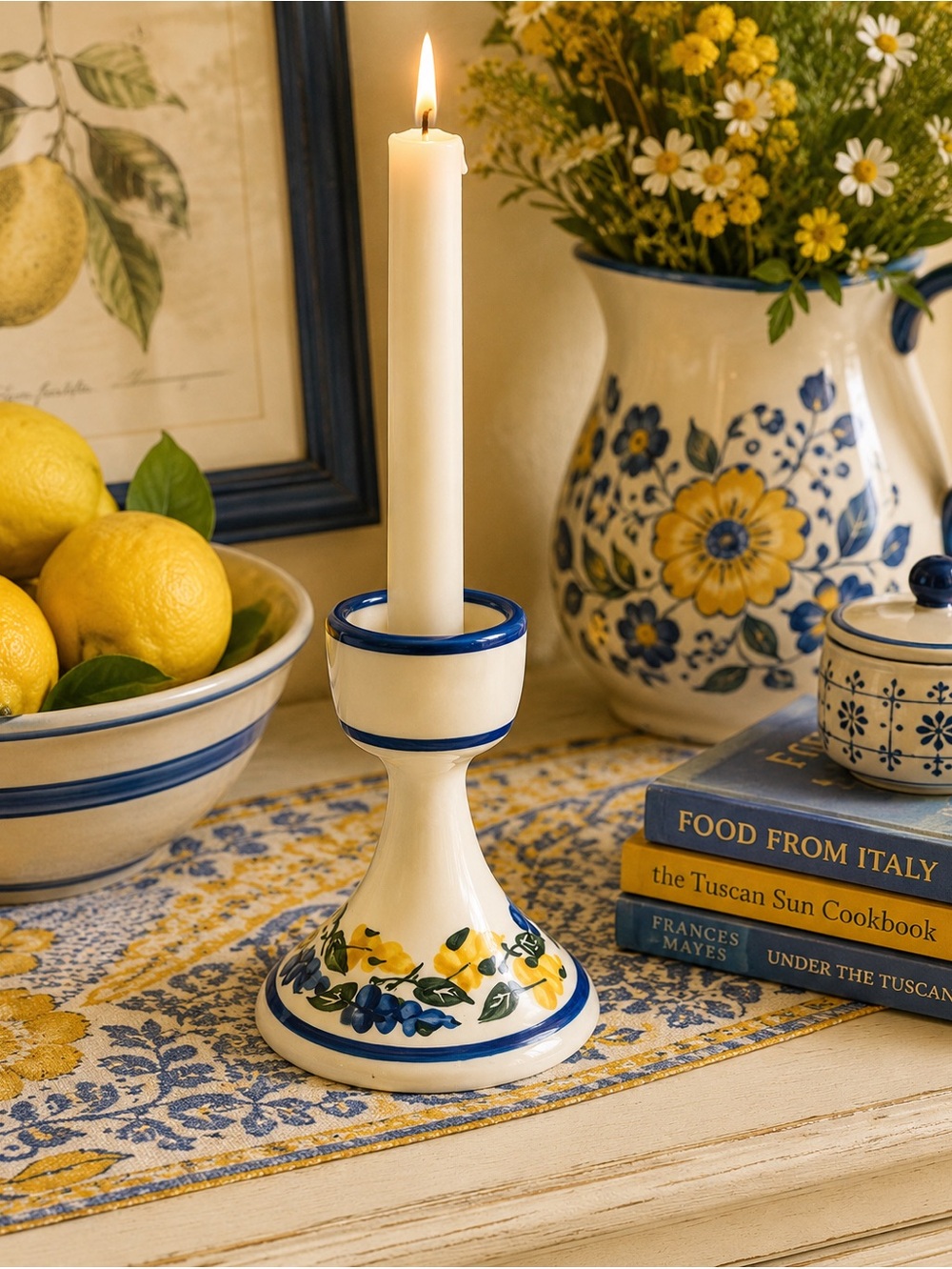 Vintage Hand-Painted Ceramic Candlestick Holder Floral Country Cottage Style